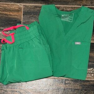 Figs Green Scrub Set with Pink Accents